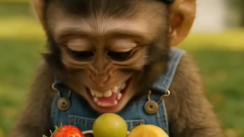 A baby monkey love the food