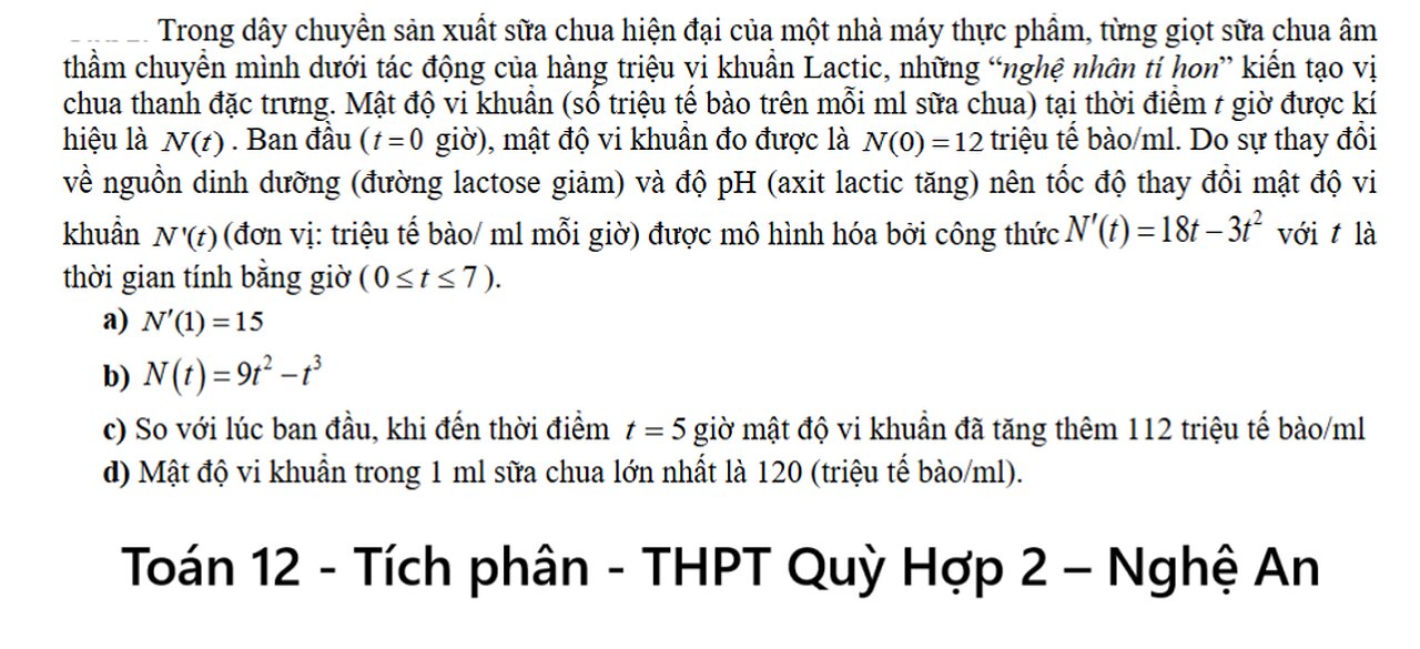 Toán 12: Trong dây chuyền sản xuất sữa chua hiện đại của một nhà máy thực phẩm, từng giọt sữa chua