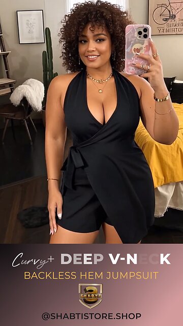 Curvy+ Elegance🖤Deep V-Neck Backless Halter Asymmetrical Hem Jumpsuit