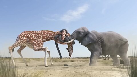 Giraffe Vs Elephant fight for Water