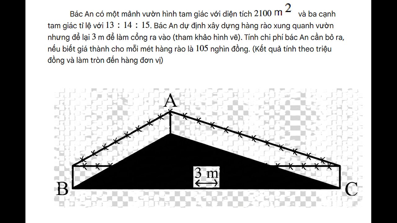 Toán 10: Bác An có một mảnh vườn hình tam giác với diện tích \(2100\text{\ m}^{2}\) và ba cạnh
