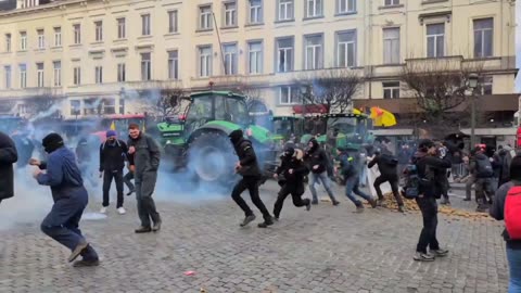 European farmers storm EU headquarters in Brussels.