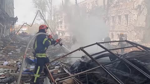 Fire in Kharkiv, Ukraine After Russian Shelling on 16 April 2022