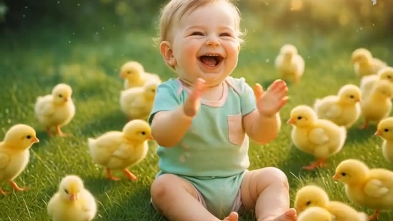 Baby laughs with fluffy chicks