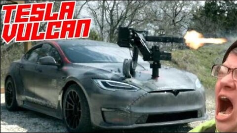 Mad Man Mounts Vulcan Minigun On His Tesla [Bawdy Humor w/ Salty Cracker]