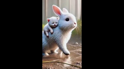 A rabbit saves a kitten that was separated from its mother #RabbitRescue #Cute Animals #AnimalRescue