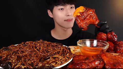 Korean noodles and grilled chicken legs