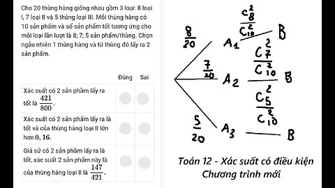 Toán 12: Xác suất có điều kiện: Cho 20 thùng hàng giống nhau gồm 3 loại: 8 loại I, 7 loại II và 5