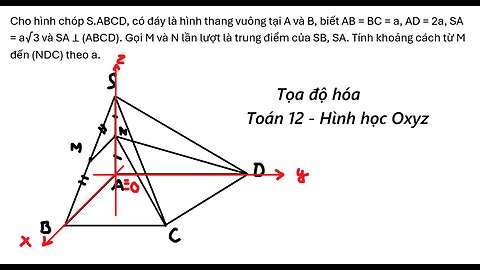 Toán 12: Tọa độ hóa: Cho hình chóp S.ABCD, có đáy là hình thang vuông tại A và B, biết AB = BC = a,