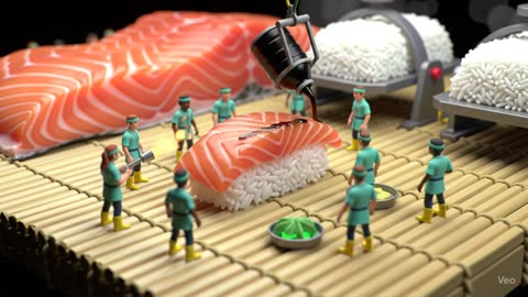 Pygmies assembling sushi from massive salmon slabs