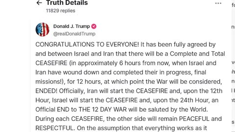 ALERT, President Trump announces a historic cease fire between Israel Iran has been reached
