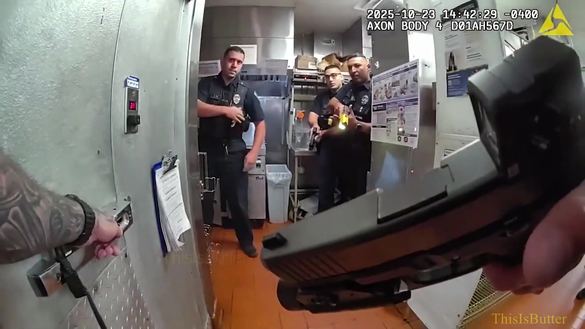Bodycam shows the arrest of a break-in suspect who barricaded himself in a Taco Bell freezer