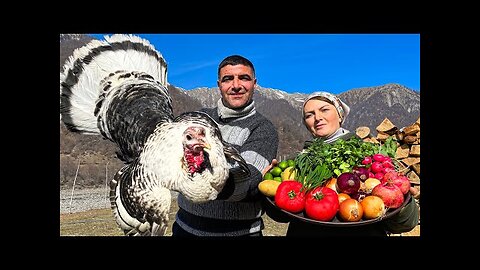 A very delicious Kebab of Fresh Turkey on a Campfire! Life in a mountain village