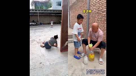 One person tries to imitate another. Meanwhile, a father shows his son how to pour oil.