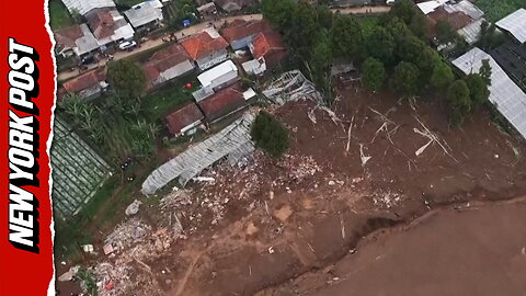 Dramatic drone footage shows homes buried after massive landslide in Indonesia