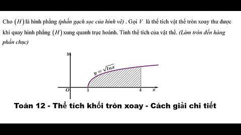 Toán 12: Cho (H) là hình phẳng (phần gạch sọc của hình vẽ) . Gọi V là thể tích vật thể tròn xoay