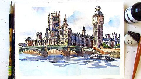 Urban Sketching Houses of Parliament London| Ink and Watercolor Art