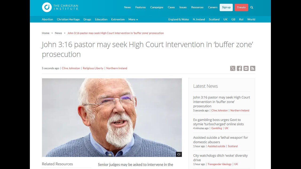 Northern Ireland retired pastor prosecuted for preaching the Gospel.