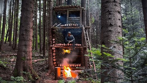 Built a Multi-Level Log Shelter to Escape the Storm and Wild Boars | Bushcraft Survival
