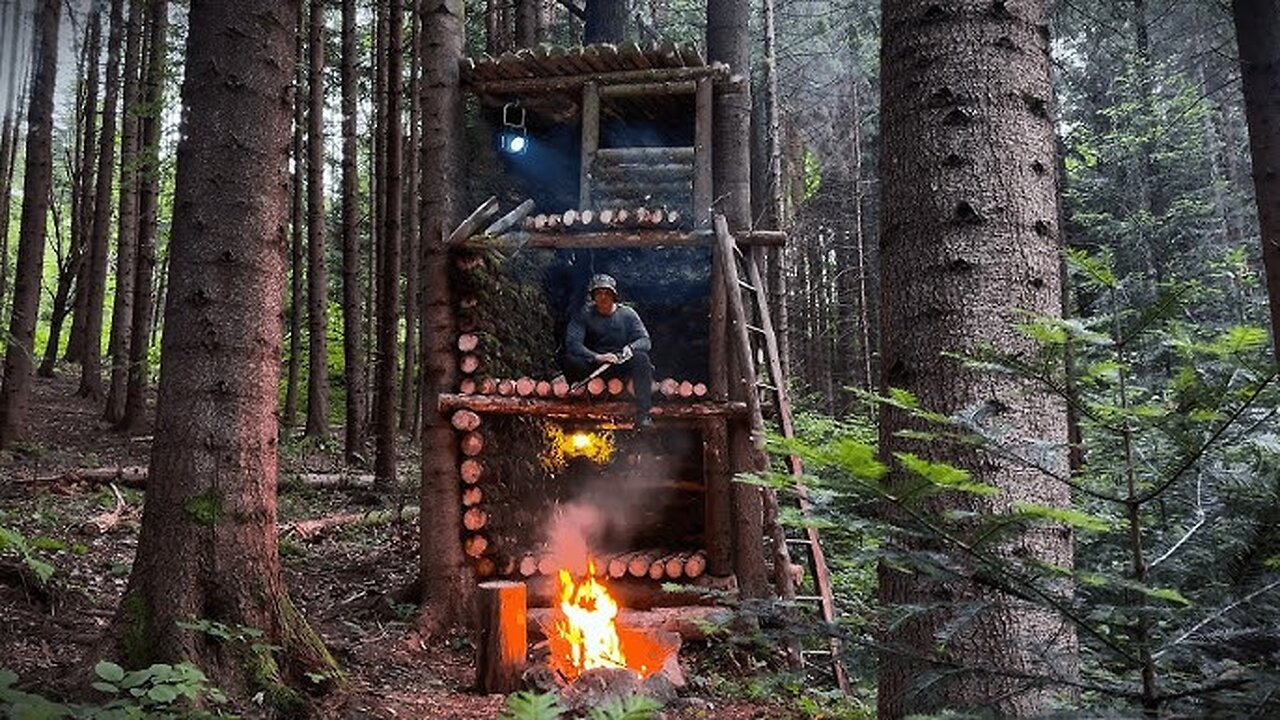 Built a Multi-Level Log Shelter to Escape the Storm and Wild Boars | Bushcraft Survival