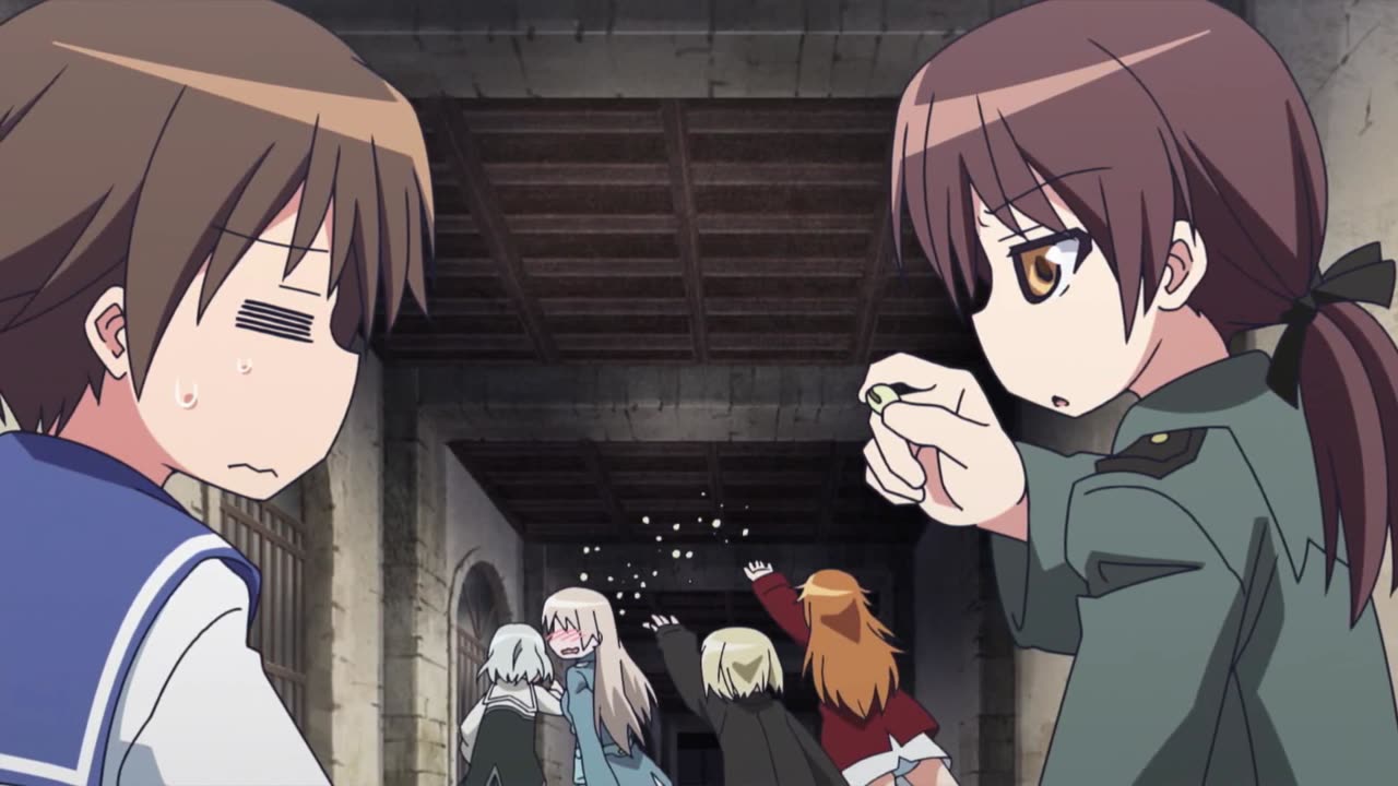 Strike Witches: 501st Joint Fighter Wing Take Off! - Shirley and Erica throwing beans