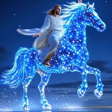 ios viene cabalgando en un caballo blanco, poderoso y glorioso.
