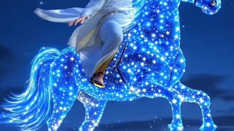ios viene cabalgando en un caballo blanco, poderoso y glorioso.