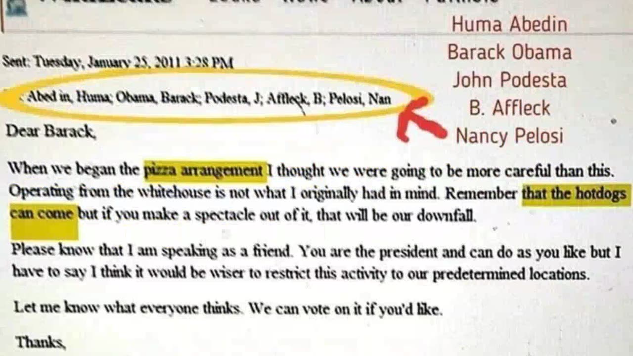 THE PIZZA GATE EMAIL to Huma Abedin,Barack Obama, John Podesta, B. Affleck & Nancy Pelosi