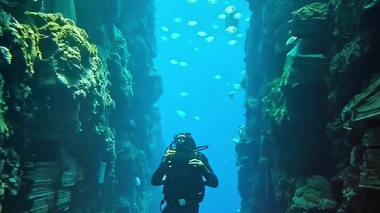 A diver discovering glowing jellyfish
