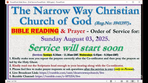 The Narrow Way Christian Church of God - BIBLE-READING and Prayer Service - Sunday 03/08/2025
