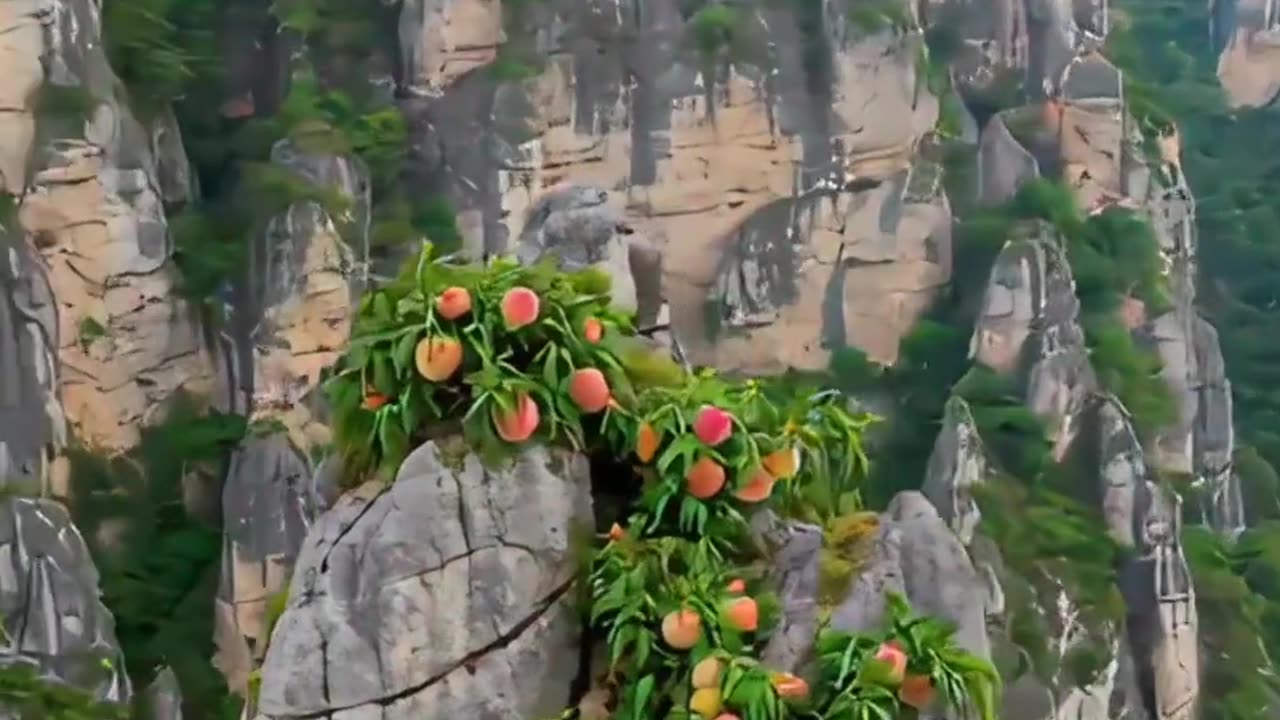 Peaches naturally grow on the hills and were captured by drone cameras
