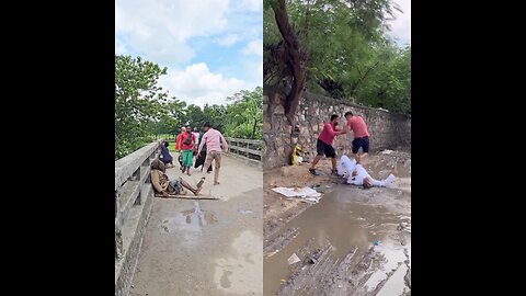 One falls breaking up a fight; another beats all and dumps them in the canal.