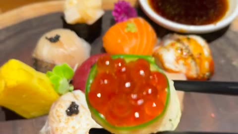 Find meat, sushi, appetizer, dessert, in one frame