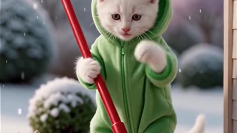 Frog-Suit Kitty Sweeping Snow ❄️🐸 _ Cutest Winter Clean-Up Ever#cat #cute #cats #frog