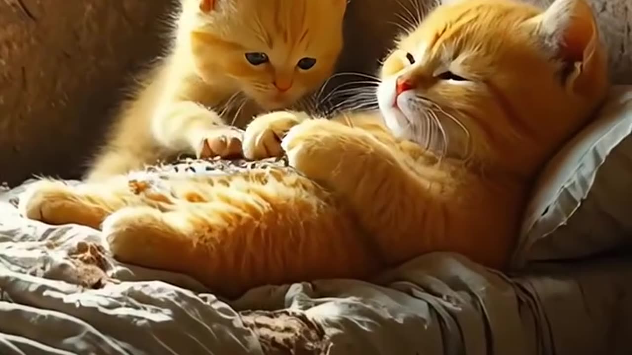 The Little Orange Cat Takes Care of its Sick Mother