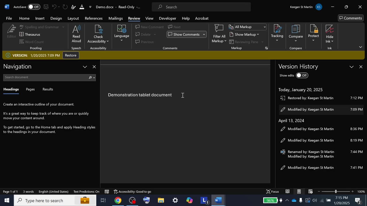 Microsoft word version history on browser and desktop application
