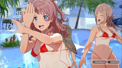 A group of idols dressed in Bikini are dancing in pool，song called 自分REST@RT