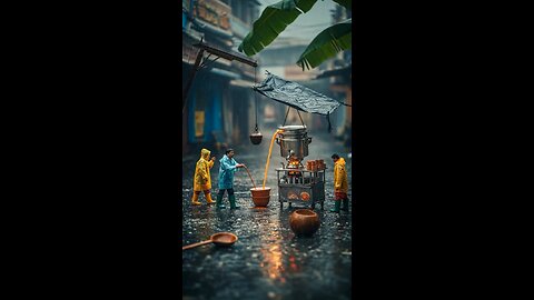 "Tiny workers climbing ladders to pick oversized things works.
