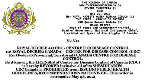 ROYAL DECREE #11 CDC - CENTRE FOR DISEASE CONTROL11# ROYAL DECREE: CANADA – CENTRE FOR DISEASE
