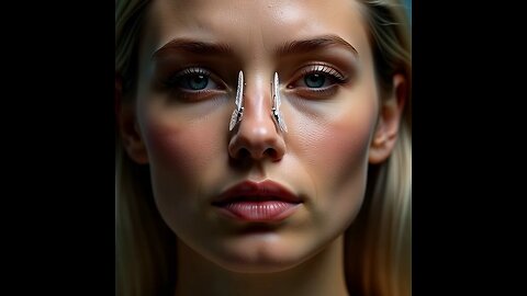 Woman’s face slowly fracturing into crystalline butterflies that reform as her reflection