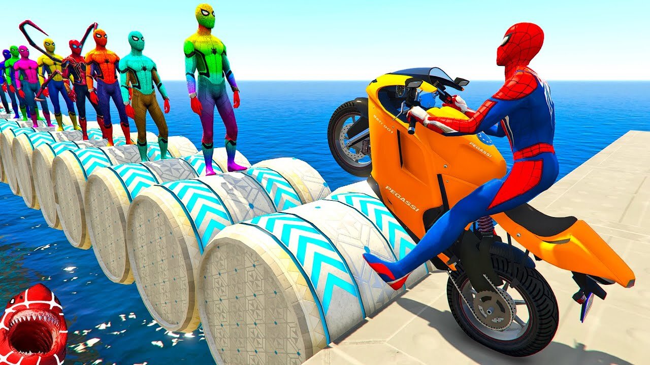 الأبطال الخارقين على القضبان دوامة قمع جسر 🕷️🏍️ RAINBOW SPIDER MAN! on Motorcycle in Spiral Bridge
