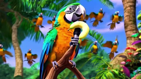 Cheerful Parrot Sings into Banana Mic as Birds Applaud with Wings
