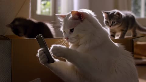 Fluffy Cat Takes a Selfie While Silly Kitten Gets Stuck in Box!