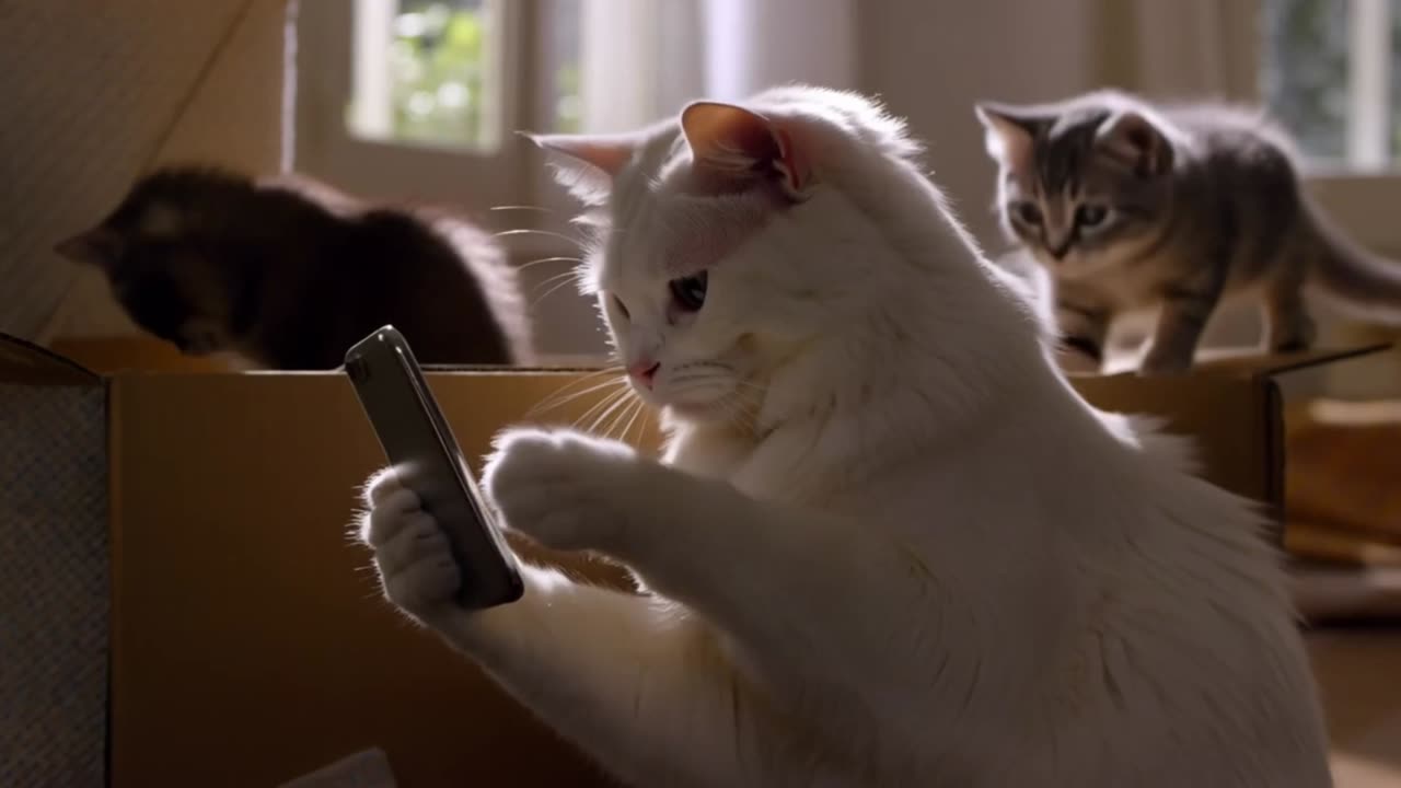 Fluffy Cat Takes a Selfie While Silly Kitten Gets Stuck in Box!