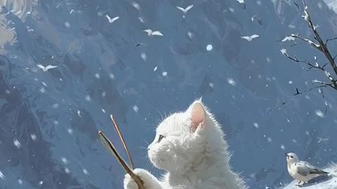 beautiful white kitten playing two