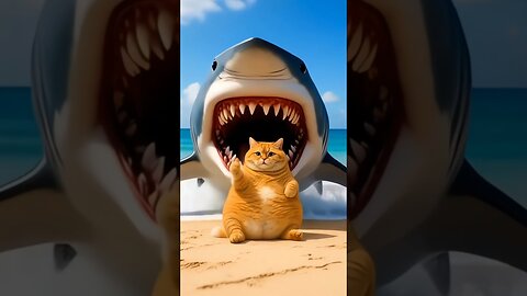 Orange cat fight with a shark. Ai cartoon orange fat cat funny video