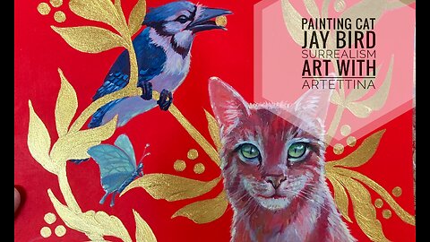 Painting cat and jay bird art acrylic surrealism Artettina