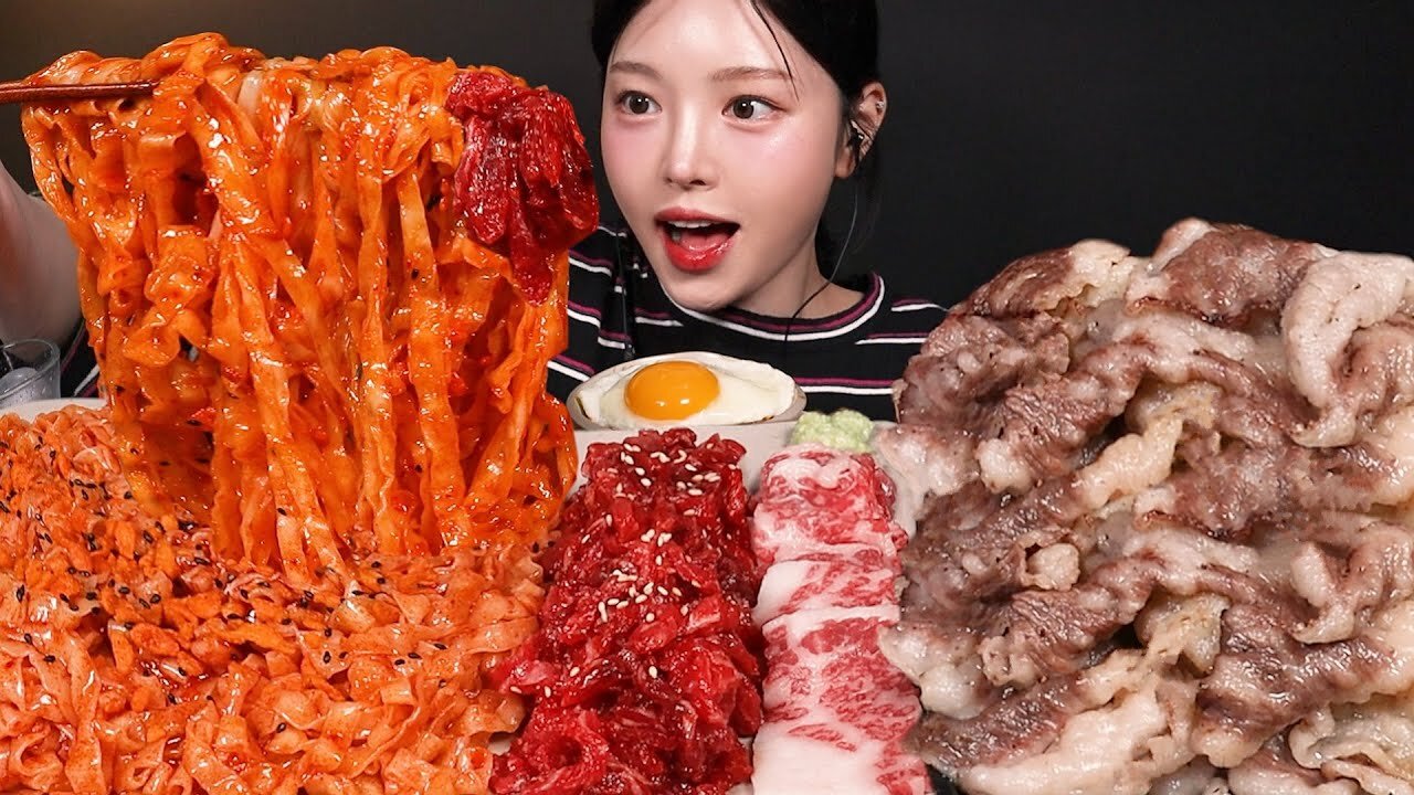 Spicy Bibim Noodles with Yukhoe and Grilled Brisket Mukbang ASMR