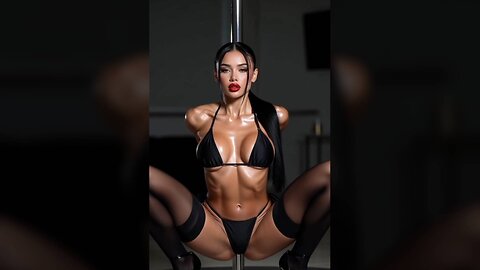 Sexy Brunette Pole Dance in Black Lingerie and Stockings