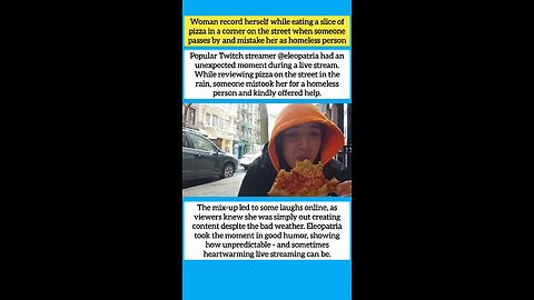 Woman record herself while eating a slice of pizza in a corner on the street